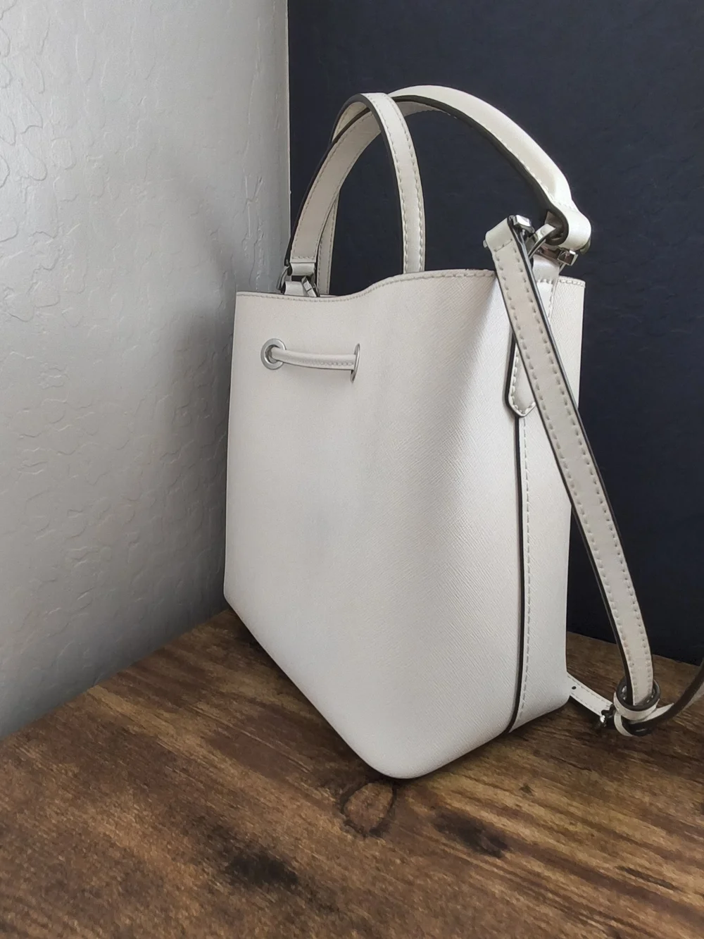Michael Kors White Leather Drawstring Bucket Bag